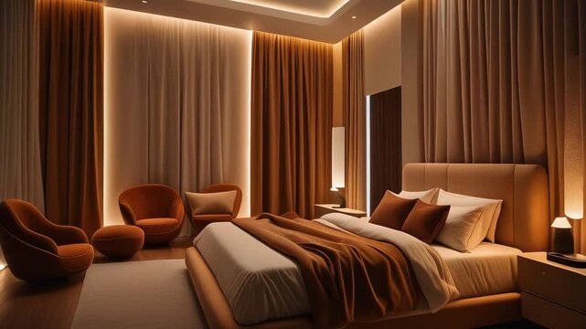 Bedroom with warm-toned fabrics, soft linear lights, and sculptural furniture pieces arranged with quiet precision.