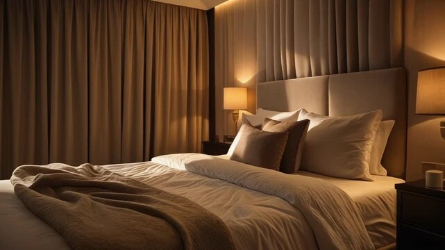 Calming master bedroom with fabric wall panels, soft indirect lighting, and warm shadows shaping the serene layout.