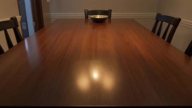 camera glides above dining table as pendant glow subtly brightens and reflections drift across polished wood surface