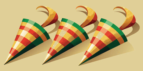 Three colorful striped party hats arranged in a row with elastic straps