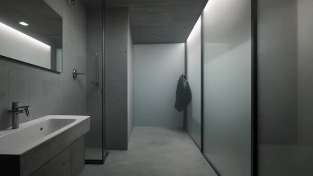 Concrete bathroom interior with industrial fixtures, frosted glass, and diffused light creating a calm, enclosed retreat.