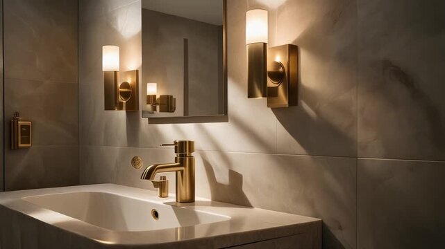 Contemporary bathroom with brushed brass fixtures, soft wall sconces, and natural shadows gliding over smooth stone surfaces.