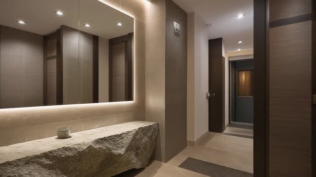 Contemporary foyer with monolithic stone bench, tall mirrored panels, and accent lighting emphasizing architectural height.