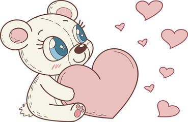 Cute cartoon teddy bear holding a pink heart with floating hearts