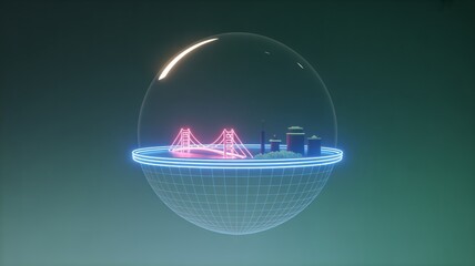 Golden gate bridge neon globe futuristic cityscape rendering illustration