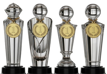 Crystal trophies with first place medals isolated on transparent background award achievement