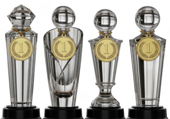 Crystal trophies with first place medals isolated on transparent background award achievement