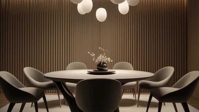 Dining room interior with sculptural center furniture, ribbed walls, and soft pendant glows defining spatial harmony.