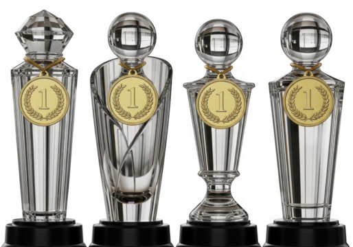 Crystal trophies with first place medals isolated on transparent background award achievement - Powered by Adobe