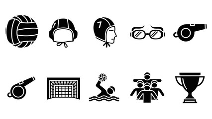 Icon set of water polo equipment and symbols: caps, goals, whistles, goggles, trophy