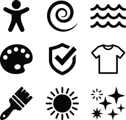 Collection of black silhouette icons representing various concepts such as human swirl water art palette security t shirt brush sun and sparkles on white background