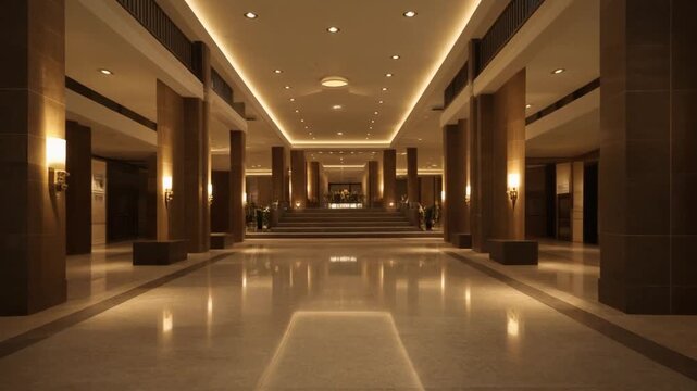 Hotel lobby interior with double-height ceiling, soft ambient wall lights, and smooth stone flooring reflecting subtle warmth.
