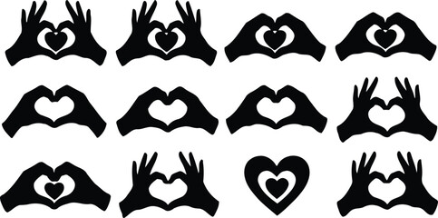 Collection of hand heart symbols in black silhouette expressing love and affection through gestures perfect for valentine s day romantic designs and symbolic representations