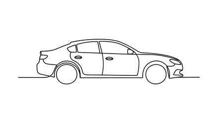 Continuous line drawing of a modern sedan car side view minimalist design.