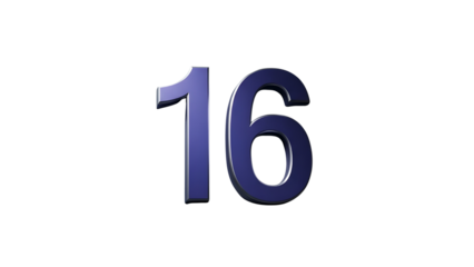 Shiny dark blue 3D number 16 graphic element for counting and anniversaries isolated PNG with Transparent Background