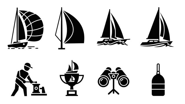 Black and white nautical icons featuring boats and sailing equipment