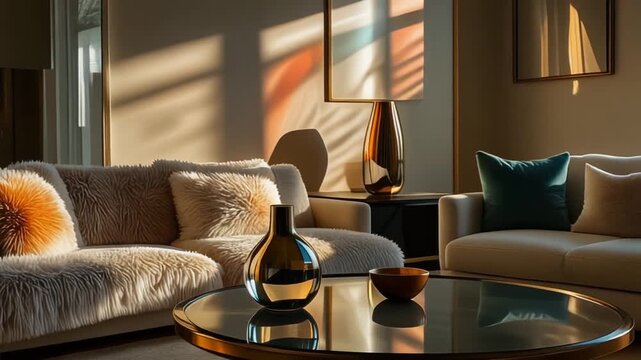 Living interior with plush seating, reflective d&eacute;cor objects, and sunlight forming smooth gradients across surfaces.