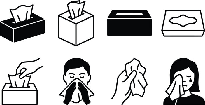 Set of black and white tissue box icons showing different styles and uses including blowing nose and wiping tears on a white background