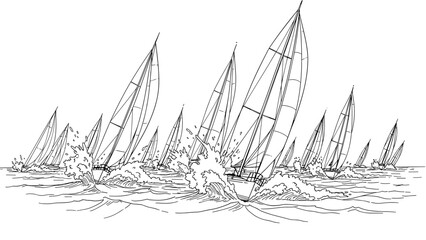Sailboats racing on open sea with splashes in detailed line art