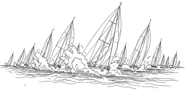 Fototapeta Dynamic line art of sailing boats racing on ocean waves