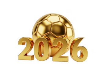 Golden soccer ball with 2026 numbers isolated on transparent background sports celebration event