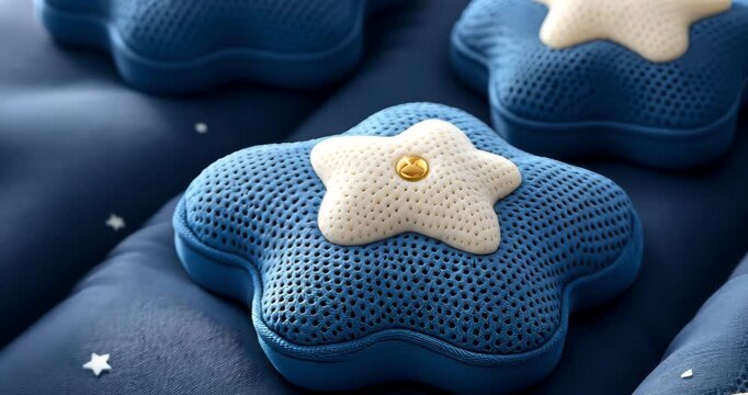 A close-up showcases a blue, star-shaped pillow with a white star accent, emphasizing comfort and stylish home decor.