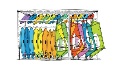 Naklejka premium Colorful surfboards and windsurfing sails organized in a rack