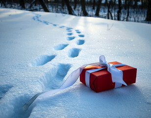 A lone gift wrapped in red and white paper sits in the snow next to a trail of footprints. Ai