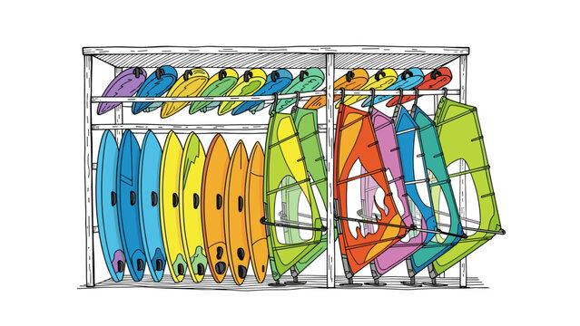 Colorful surfboards and windsurfing sails organized in a rack