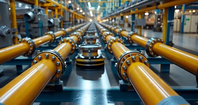 The camera tracks through a symmetrical array of yellow pipes and metal valves in a modern industrial factory setting.