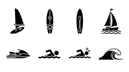 Silhouette icons of water sports including sailing and surfing activities