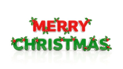 Festive merry christmas text with holly berries on a white reflective surface