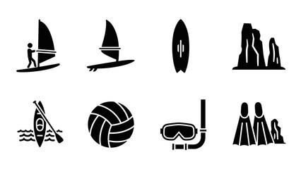 Adventure icons: water sports and rock climbing silhouettes
