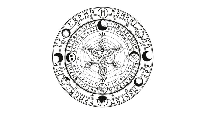 Mystical Alchemical Symbol with Runes and Celestial Elements.