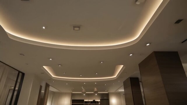 Open-concept interior with seamless ceiling, hidden lighting tracks, and refined materials creating a balanced aesthetic.