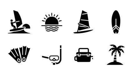 Set of vacation icons featuring water sports and tropical elements