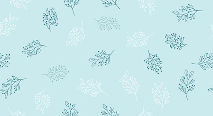 Lovely seamless winter or spring pattern with delicate hand-drawn branches with leaves on a calming light blue background.