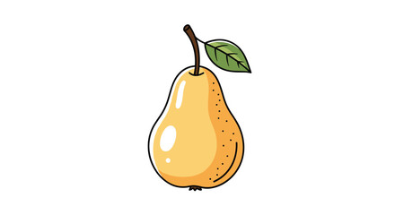 Cute cartoon illustration of a single ripe yellow pear with a green leaf and stem isolated on a plain white background.