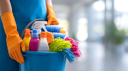 Person wearing orange gloves holding blue bucket filled with cleaning supplies image
