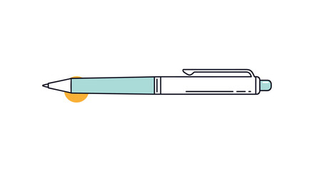 Clean and simple line art illustration of a ballpoint pen with a light blue grip and minimal orange dot accents on a white background.