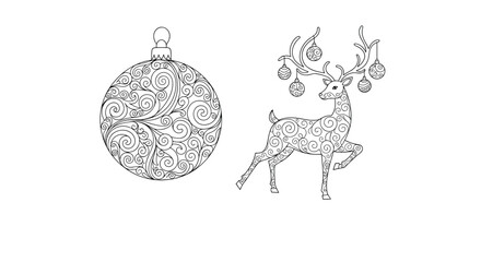 Christmas coloring page set with a decorative reindeer and a bauble ornament filled with elegant swirl patterns in black and white.