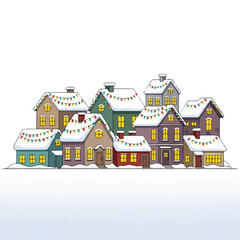 Illustration of a row of colorful houses with snow-covered roofs and Christmas lights on a white background.