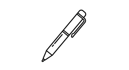 Simple and clean black outline icon of a retractable ballpoint pen for school or office use isolated on a white background.