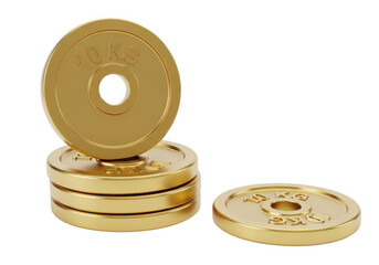 Golden weight plates for fitness and sports isolated on transparent background for gym and workout use