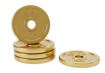 Golden weight plates for fitness and sports isolated on transparent background for gym and workout use