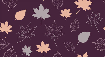 Seamless autumn pattern with elegant stylized and outline maple and birch leaves in muted colors on a dark purple background.