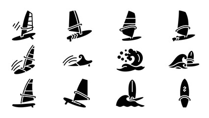 Silhouette icons of surfboards and waves for windsurfing adventure enthusiasts