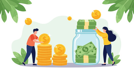 Vector illustration of a couple saving money with a man stacking coins and a woman putting cash into a large glass jar.
