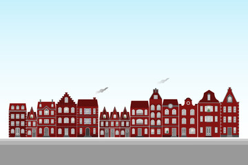 Illustration of a row of classic European-style red brick buildings, featuring arched windows, decorative gables, and varied rooflines, giving each building a unique character.