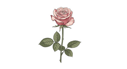 Detailed drawing of a single elegant pink rose with a green stem and leaves depicted in a vintage botanical illustration style.